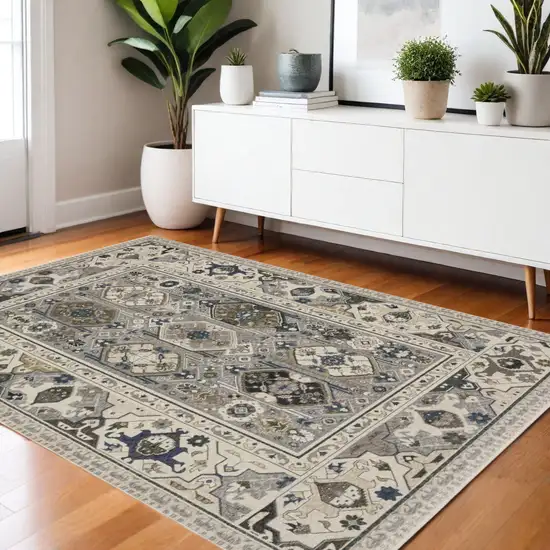 Ivory And Blue Oriental Area Rug With Fringe Photo 1