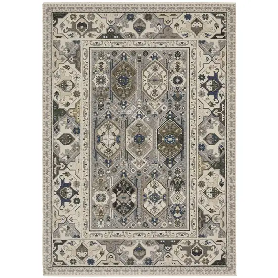 Ivory And Blue Oriental Area Rug With Fringe Photo 2