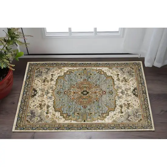 Ivory And Blue Oriental Area Rug Photo 1