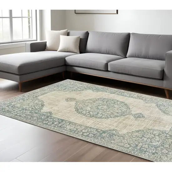 Ivory And Blue Oriental Distressed Area Rug Photo 1