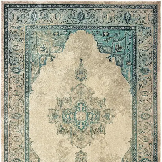 Ivory And Blue Oriental Distressed Area Rug Photo 6