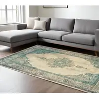 Photo of Ivory And Blue Oriental Distressed Area Rug