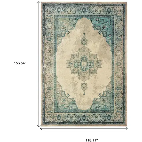 Ivory And Blue Oriental Distressed Area Rug Photo 3