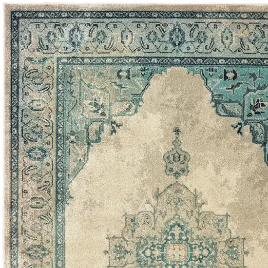 Ivory And Blue Oriental Distressed Area Rug Photo 5