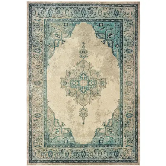 Ivory And Blue Oriental Distressed Area Rug Photo 2