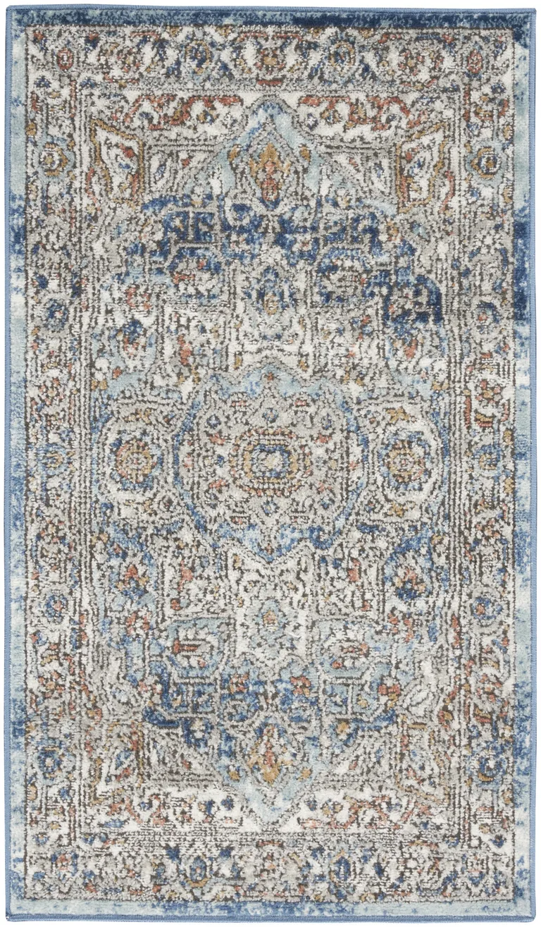 Ivory And Blue Oriental Power Loom Non Skid Area Rug Photo 1