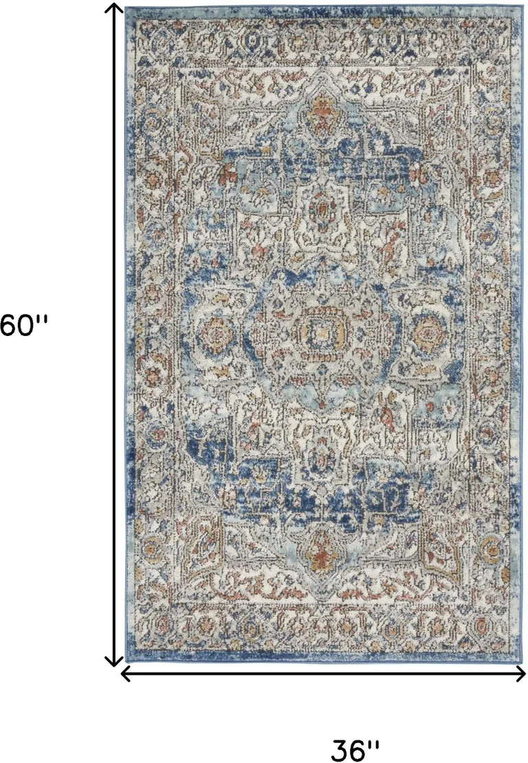 Ivory And Blue Oriental Power Loom Non Skid Area Rug Photo 5