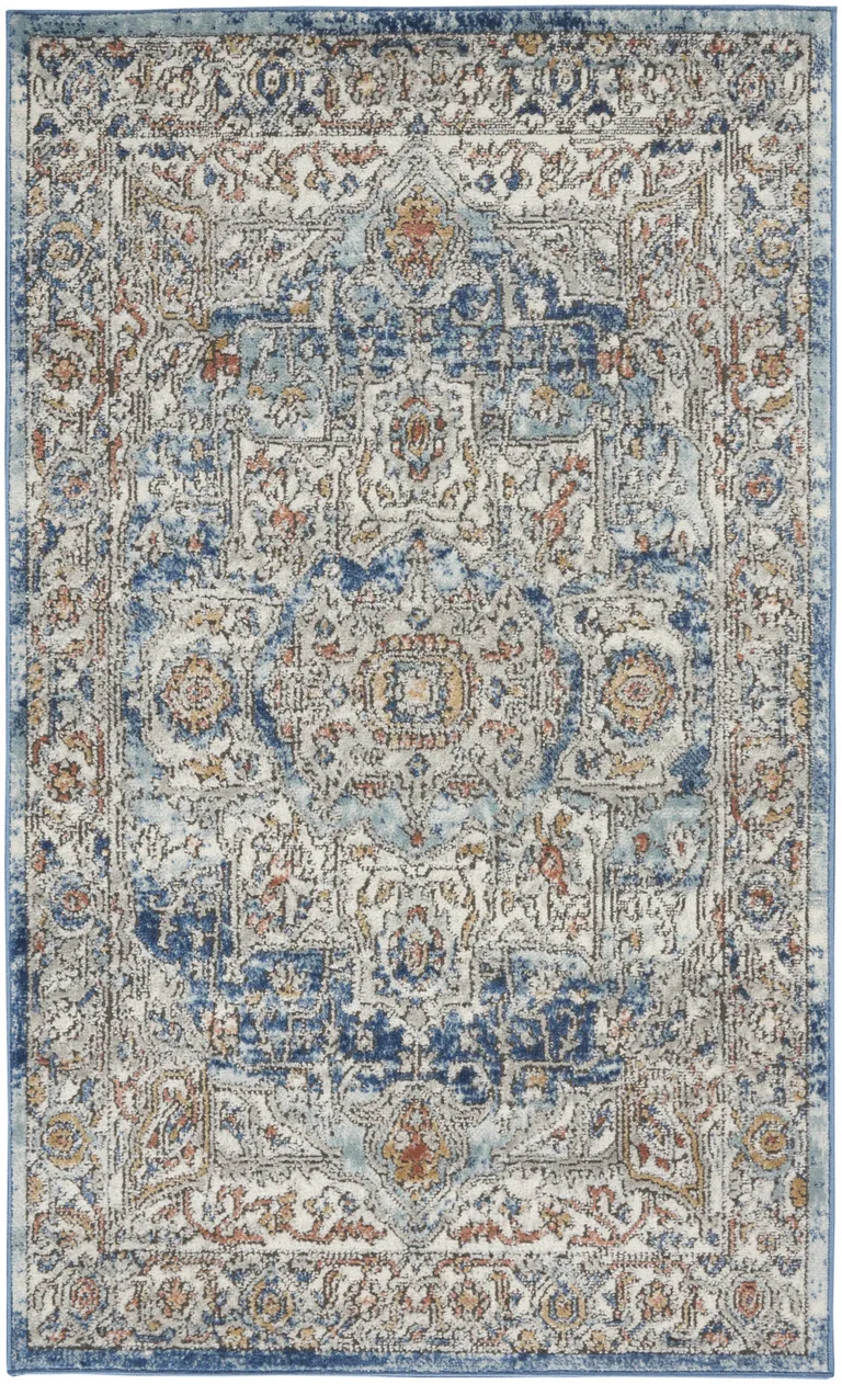 Ivory And Blue Oriental Power Loom Non Skid Area Rug Photo 1