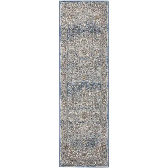 2' X 8' Ivory And Blue Oriental Power Loom Non Skid Runner Rug Photo 2