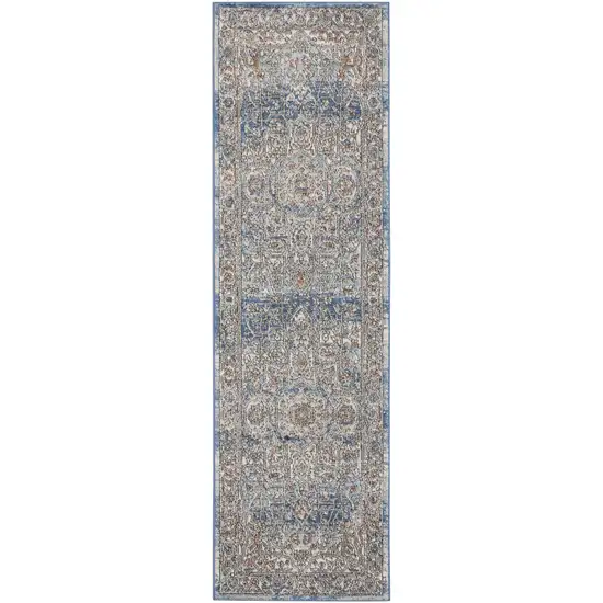 Ivory And Blue Oriental Power Loom Non Skid Runner Rug Photo 1