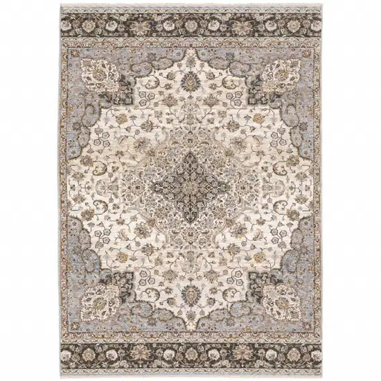 Ivory And Blue Oriental Power Loom Stain Resistant Area Rug With Fringe Photo 1