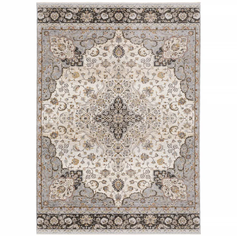 Ivory And Blue Oriental Power Loom Stain Resistant Area Rug With Fringe Photo 1