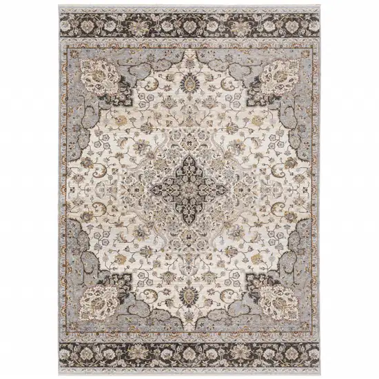 Ivory And Blue Oriental Power Loom Stain Resistant Area Rug With Fringe Photo 1