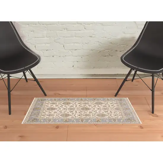 Ivory And Blue Oriental Power Loom Stain Resistant Area Rug With Fringe Photo 2