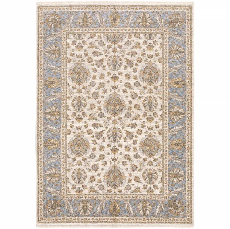 Ivory And Blue Oriental Power Loom Stain Resistant Area Rug With Fringe Photo 1