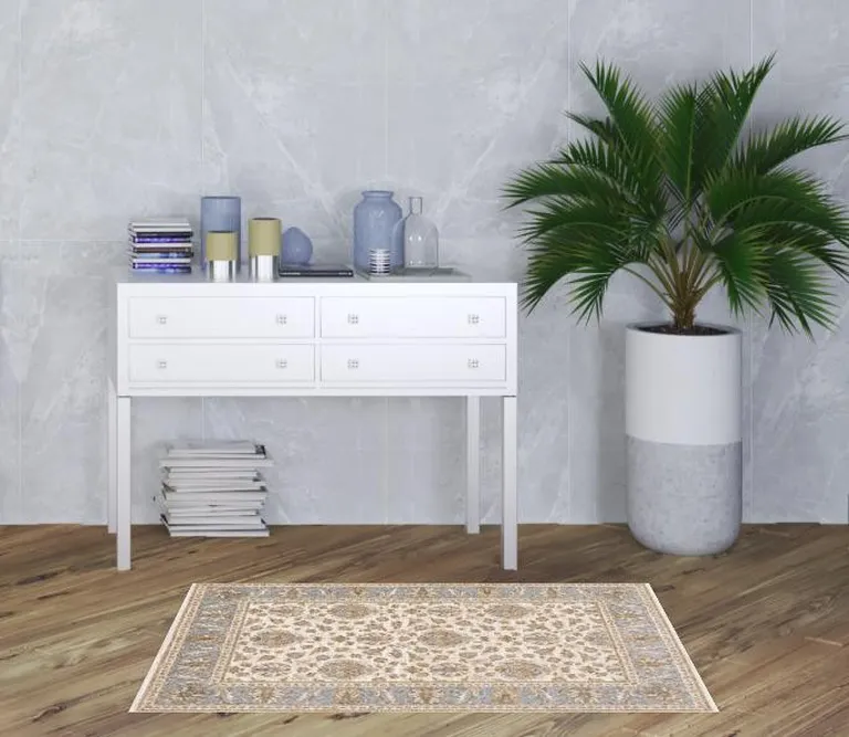 Ivory And Blue Oriental Power Loom Stain Resistant Area Rug With Fringe Photo 2