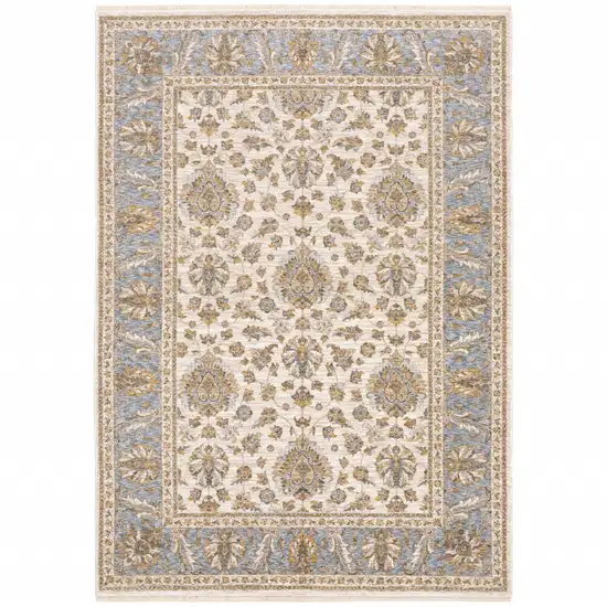 Ivory And Blue Oriental Power Loom Stain Resistant Area Rug With Fringe Photo 1