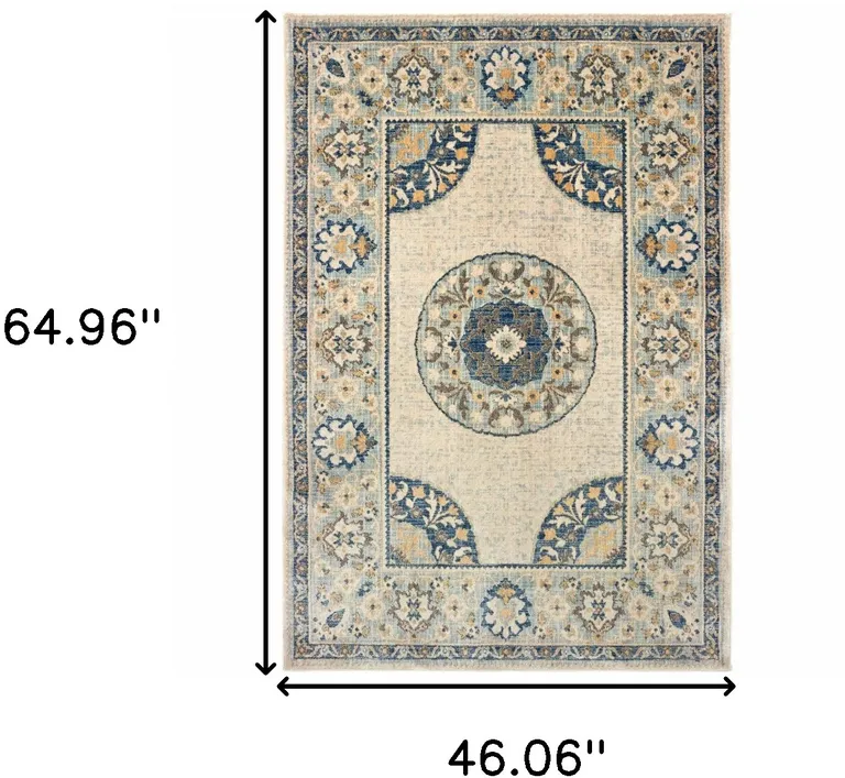 Ivory And Blue Oriental Power Loom Stain Resistant Area Rug Photo 5