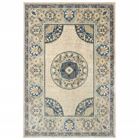 Ivory And Blue Oriental Power Loom Stain Resistant Area Rug Photo 1