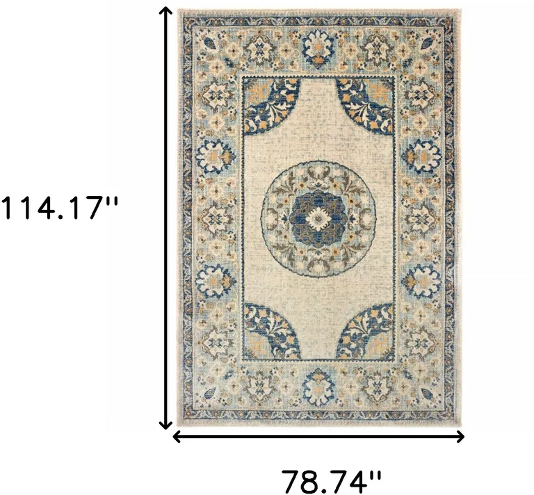 Ivory And Blue Oriental Power Loom Stain Resistant Area Rug Photo 5