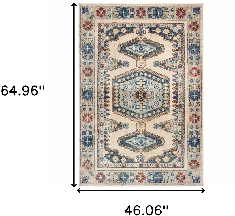 Ivory And Blue Oriental Power Loom Stain Resistant Area Rug Photo 5