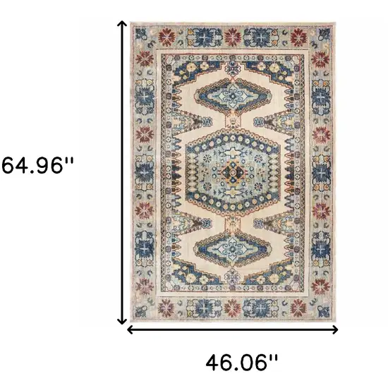 Ivory And Blue Oriental Power Loom Stain Resistant Area Rug Photo 5