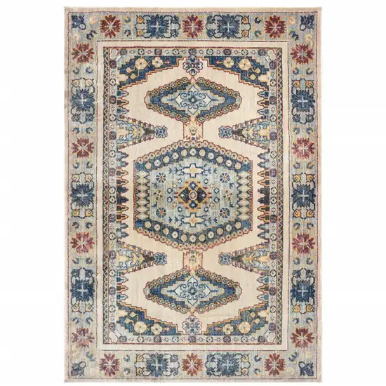 Ivory And Blue Oriental Power Loom Stain Resistant Area Rug Photo 1