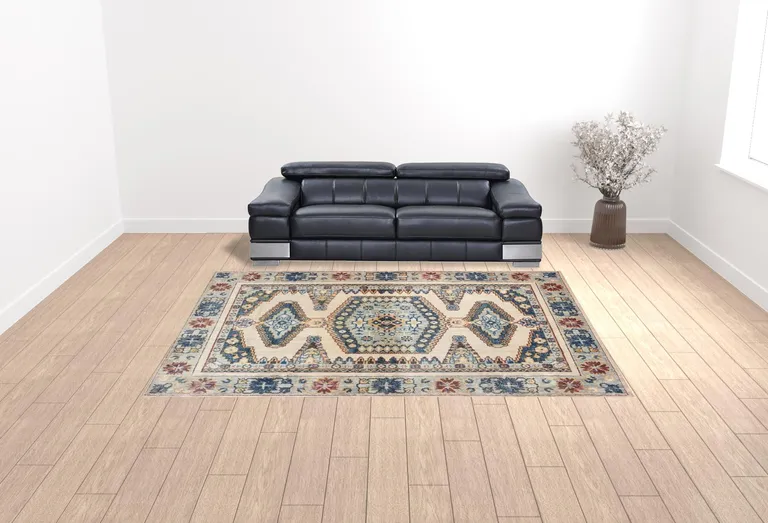 Ivory And Blue Oriental Power Loom Stain Resistant Area Rug Photo 2