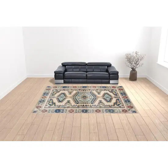 Ivory And Blue Oriental Power Loom Stain Resistant Area Rug Photo 2