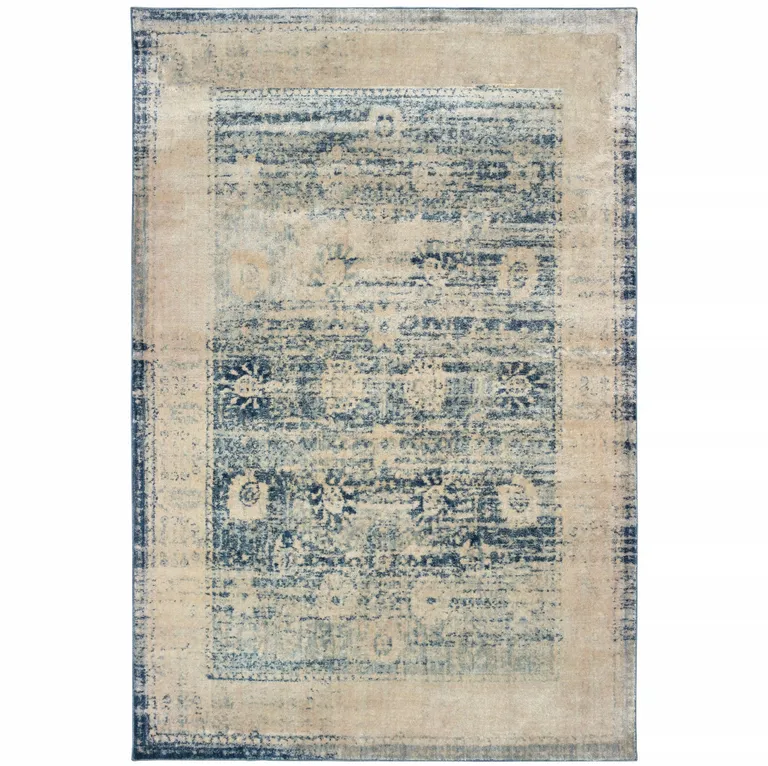 Ivory And Blue Oriental Power Loom Stain Resistant Area Rug Photo 1