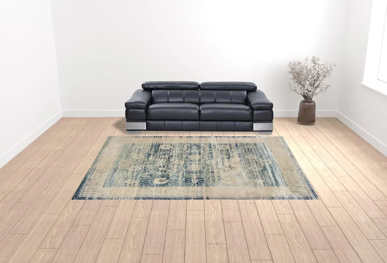 Ivory And Blue Oriental Power Loom Stain Resistant Area Rug Photo 2