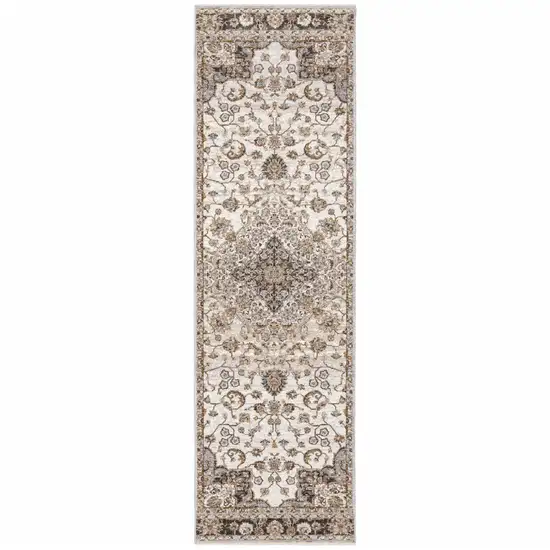 Ivory And Blue Oriental Power Loom Stain Resistant Runner Rug With Fringe Photo 1