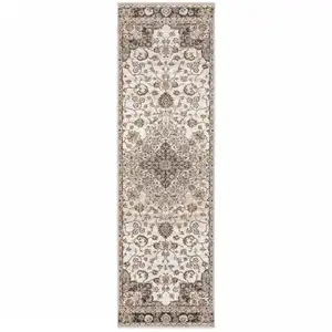 Photo of Ivory And Blue Oriental Power Loom Stain Resistant Runner Rug With Fringe