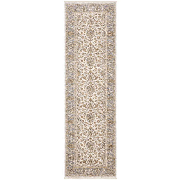 Ivory And Blue Oriental Power Loom Stain Resistant Runner Rug With Fringe Photo 1