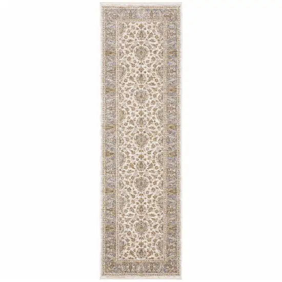 Ivory And Blue Oriental Power Loom Stain Resistant Runner Rug With Fringe Photo 1