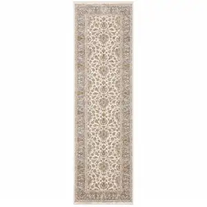 Photo of Ivory And Blue Oriental Power Loom Stain Resistant Runner Rug With Fringe