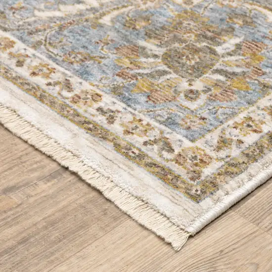 Ivory And Blue Oriental Power Loom Stain Resistant Runner Rug With Fringe Photo 5