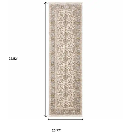 Ivory And Blue Oriental Power Loom Stain Resistant Runner Rug With Fringe Photo 10