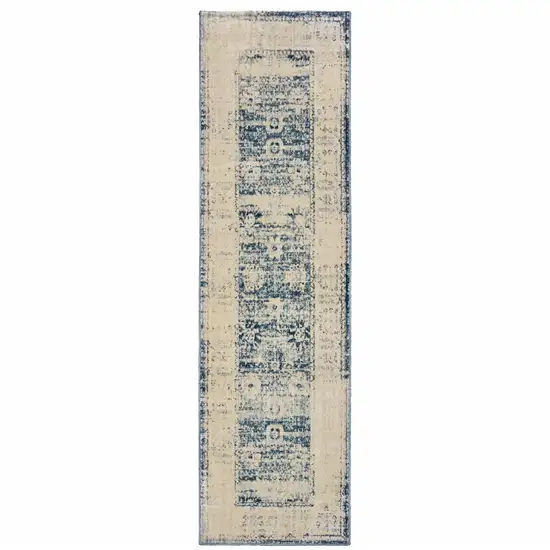 Ivory And Blue Oriental Power Loom Stain Resistant Runner Rug Photo 1