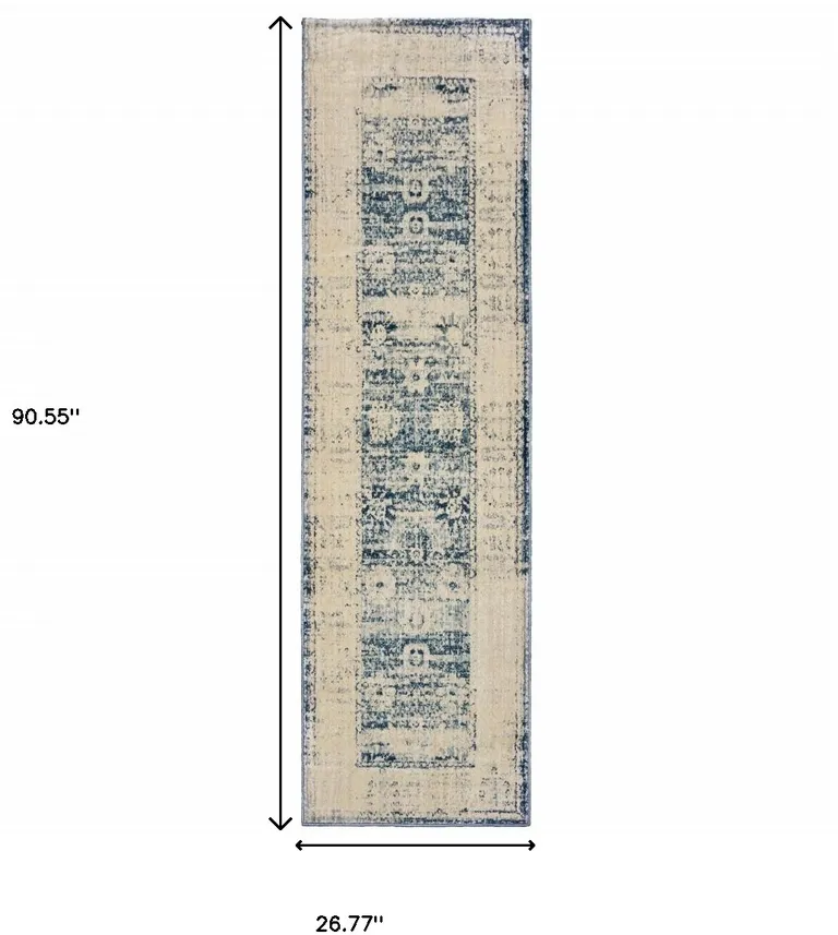 Ivory And Blue Oriental Power Loom Stain Resistant Runner Rug Photo 4