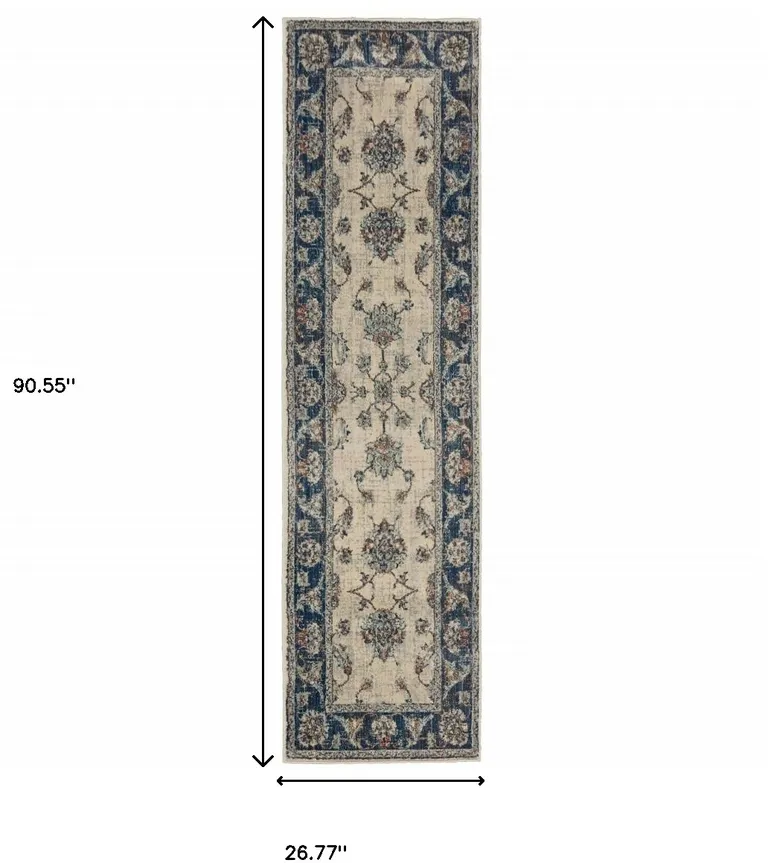 Ivory And Blue Oriental Power Loom Stain Resistant Runner Rug Photo 2