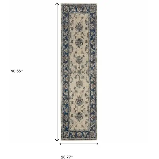 Ivory And Blue Oriental Power Loom Stain Resistant Runner Rug Photo 4