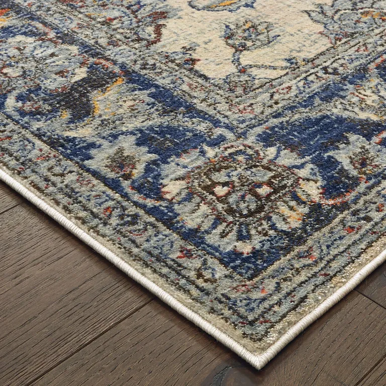 Ivory And Blue Oriental Power Loom Stain Resistant Runner Rug Photo 1