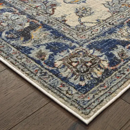 Ivory And Blue Oriental Power Loom Stain Resistant Runner Rug Photo 3