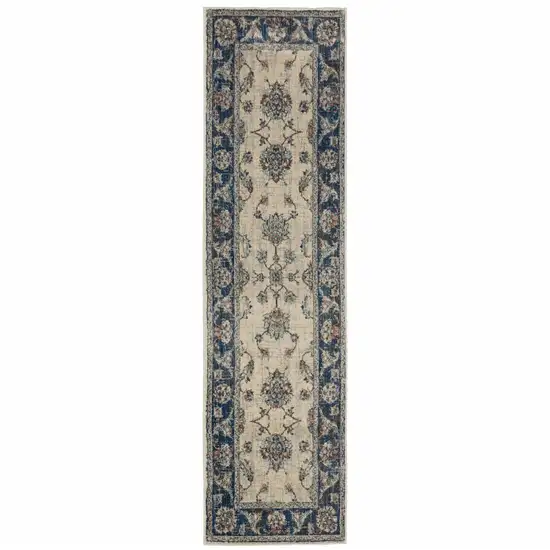 Ivory And Blue Oriental Power Loom Stain Resistant Runner Rug Photo 1