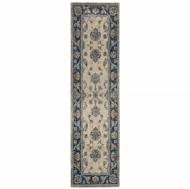 Ivory And Blue Oriental Power Loom Stain Resistant Runner Rug Photo 3