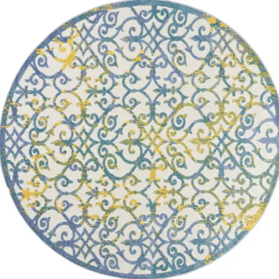 Ivory And Blue Round Damask Non Skid Indoor Outdoor Area Rug Photo 4