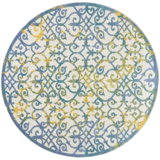 Ivory And Blue Round Damask Non Skid Indoor Outdoor Area Rug Photo 1