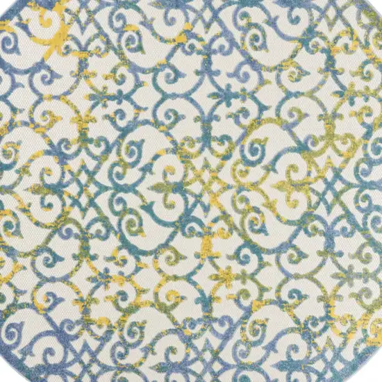 Ivory And Blue Round Damask Non Skid Indoor Outdoor Area Rug Photo 3