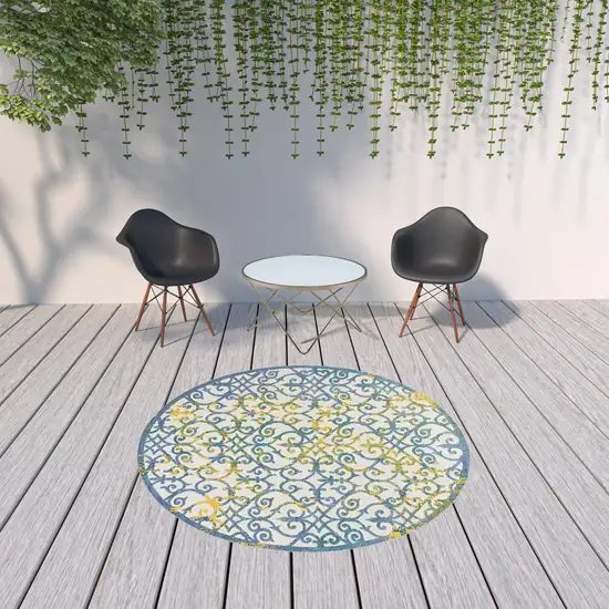 Ivory And Blue Round Damask Non Skid Indoor Outdoor Area Rug Photo 2